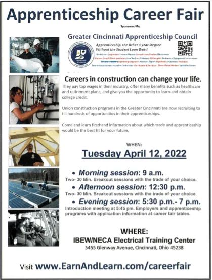 This Apprenticeship Career Fair is FREE for all to attend! High school seniors - High school graduates, some college, Completed college,Veterans,GED, Looking for a career change. Be the next generation of skilled craft workers in the Union Building Trades. earnandlearn.com/careerfair