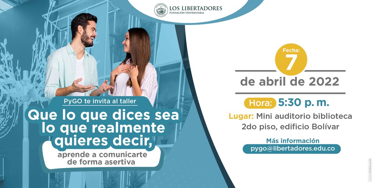 UniLibertadores's tweet image. Taller #PyGO para aprender a comunicarse de manera asertiva. ¡Acompáñanos!

🗓️#Hoy 7 de abril de 2022
⏰5:30 p. m.