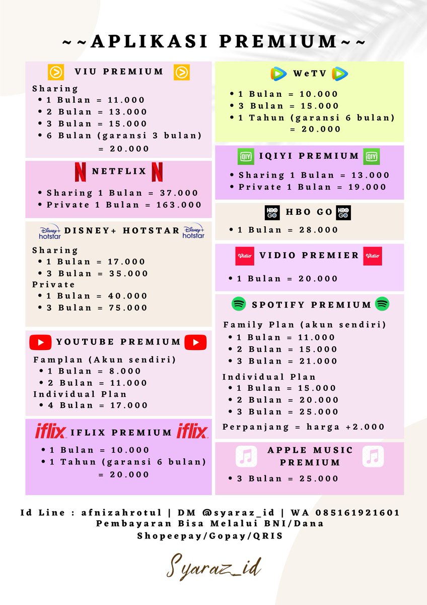 syaraz_id's tweet photo. Jual Akun Aplikasi Premium Murah Meriah ✨

📢 Info update harga dan ketersediaan aplikasi buka tweet ini ^^

✨ Testi : https://t.co/OG1yBcs6qN

viu wetv netflix iqiyi disney hotstar hbo go vidio youtube spotify iflix apple music canva picsart alight motion vsco x remini wattpad https://t.co/1nqXXl8byJ