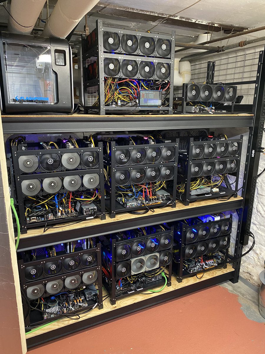 56 GPU @ 3GH/s ETH farm finally reorganized and almost ready for the summer heat. Need to complete more ventilation work and re-pad a few 3090 and 3070ti cards, but happy with the results so far!

$ETH $RVN $ERG $FLUX $ETC $PRE $FIRO $BTC
#Crypto #CryptoMining <a href="/pool2miners/">2Miners</a>
