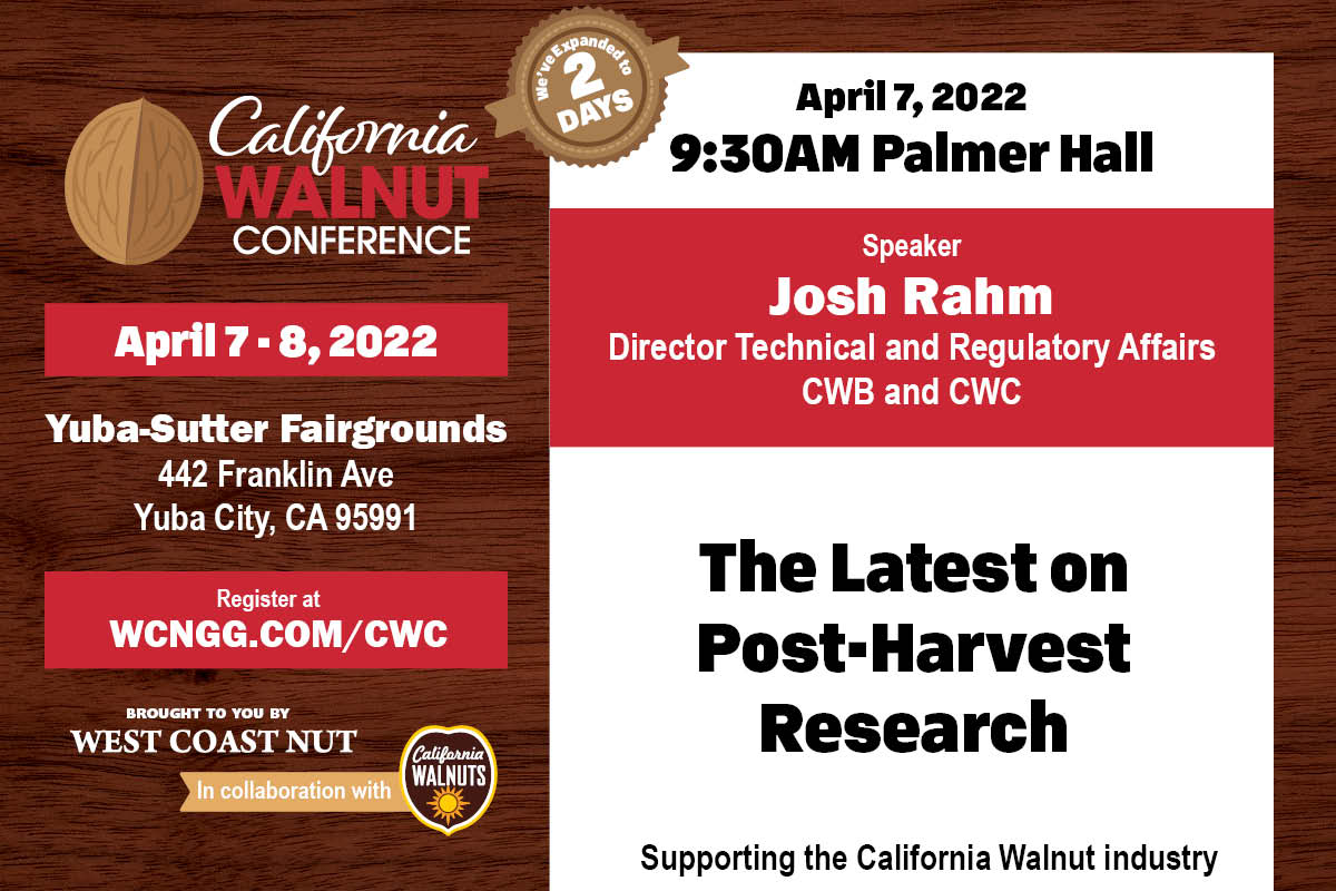 GrowCAWalnuts's tweet photo. Shelf-life extension, biomass uses, and so much more. Find out the latest on post-harvest research at 9:30am in Palmer Hall at the California Walnut Conference. #CAwalnut2022 https://t.co/PbyM0RbuBT