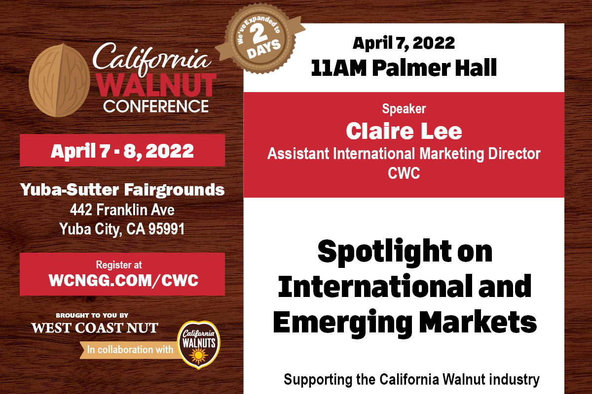 GrowCAWalnuts's tweet photo. Join Claire Lee, Assistant Marketing Director for International in a few minutes for an in-depth look at two emerging markets: India and the Middle East. 11am in Palmer Hall at the California Walnut Conference. #CAwalnut2022 https://t.co/2DtSXpNWrK