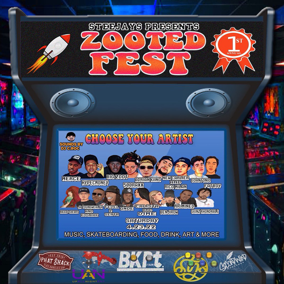 steejays's tweet photo. WHATS GOOD STEEJAYS FAM WE’RE THROWING OUR FIRST ANNUAL ZOOTED FEST 2K22!! Join us Saturday April 23rd, 2-9 PM @ LOS ANGELES SKATE CLUB. Live entertainment, skatepark, food, clothing, and more! Visit https://t.co/leAIrli7kT to secure your ticket &amp; find out more! 🚀🎶 https://t.co/zmI3bJ6JWg