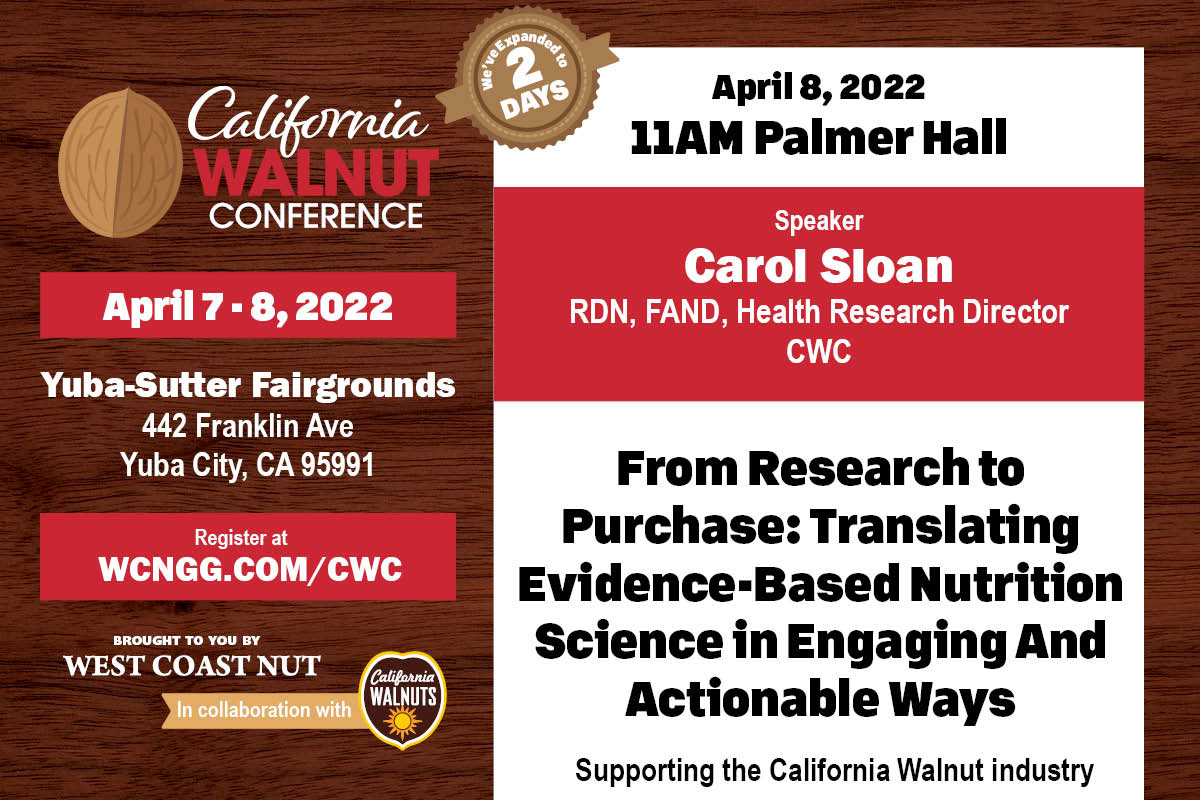 GrowCAWalnuts's tweet photo. Can walnut health research have an impact on consumers? Yes! Head to Palmer Hall to listen to Carol Sloan, Health Research Director for the CWC explain how to make nutrition science engaging and actionable. #CAwalnut2022 https://t.co/GPrFnjpxLL