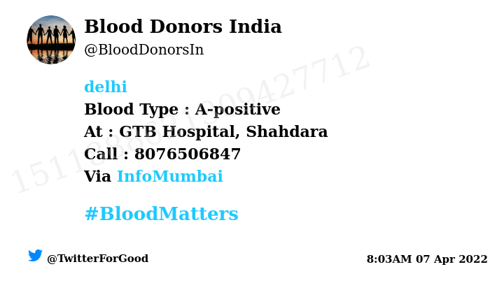 BloodDonorsIn's tweet photo. #SOS
#Delhi
Need #Blood Type :  A-positive
Blood Component : Blood 
Number of Units : 2
Primary Number : 8076506847
Patient : Varma
Via: @InfoMumbai
#BloodMatters
Powered by Twitter https://t.co/nZfpjTSUg2