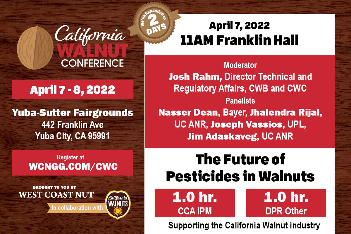 GrowCAWalnuts's tweet photo. In just 10 minutes Josh Rahm and panelists from UC ANR will discuss the future of pesticides in Franklin Hall at the California Walnut Conference.  Don't miss it! #CAwalnut2022 https://t.co/1Fti5ZZXlU