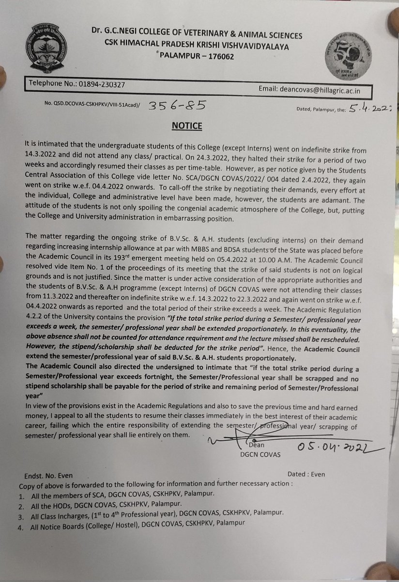 University administration now trying to suppress the movement by threatening students on the basis of dictatory rules and regulations.
Is demanding your rights is an offense?
#HP_Vet_Stipend
#Increase_vets_stipend
<a href="/RajuvasS/">Rajasthan Vet. Student's Association⚕️</a>
<a href="/AamAadmiParty/">AAP</a> <a href="/AtishiAAP/">Atishi</a> 
<a href="/IYCHimachal/">HP Youth Congress</a> <a href="/INCIndia/">Congress</a>
