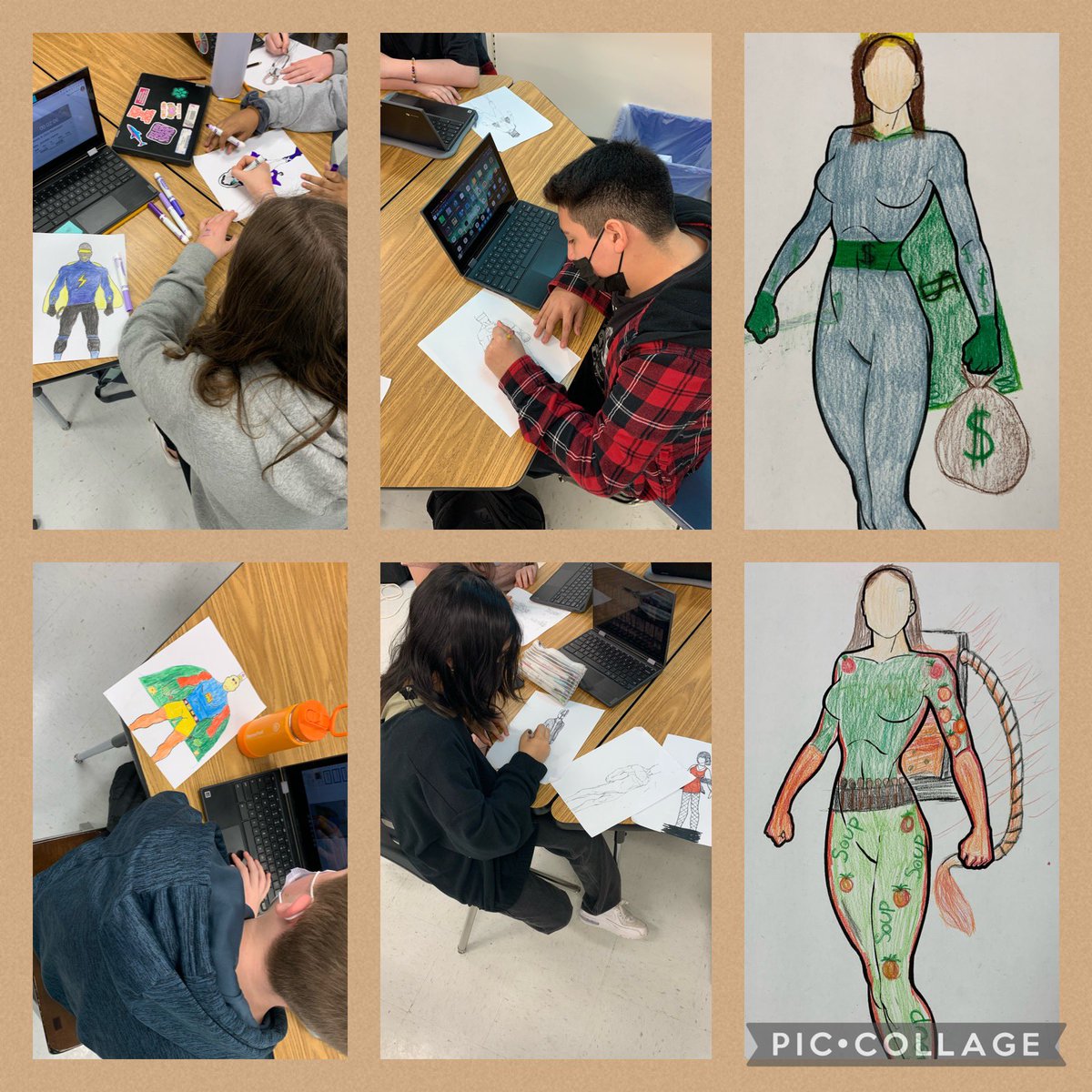 HerrinHistory's tweet photo. Students personified a topic of the great depression. Creating super heroes or villains. What a way to use critical thinking skills and showing mastery. #5Cs #Notanothertest #applyingknowledge #loveteaching @JLSMS_Official @SSGSlcps https://t.co/f7Xhm0gen4