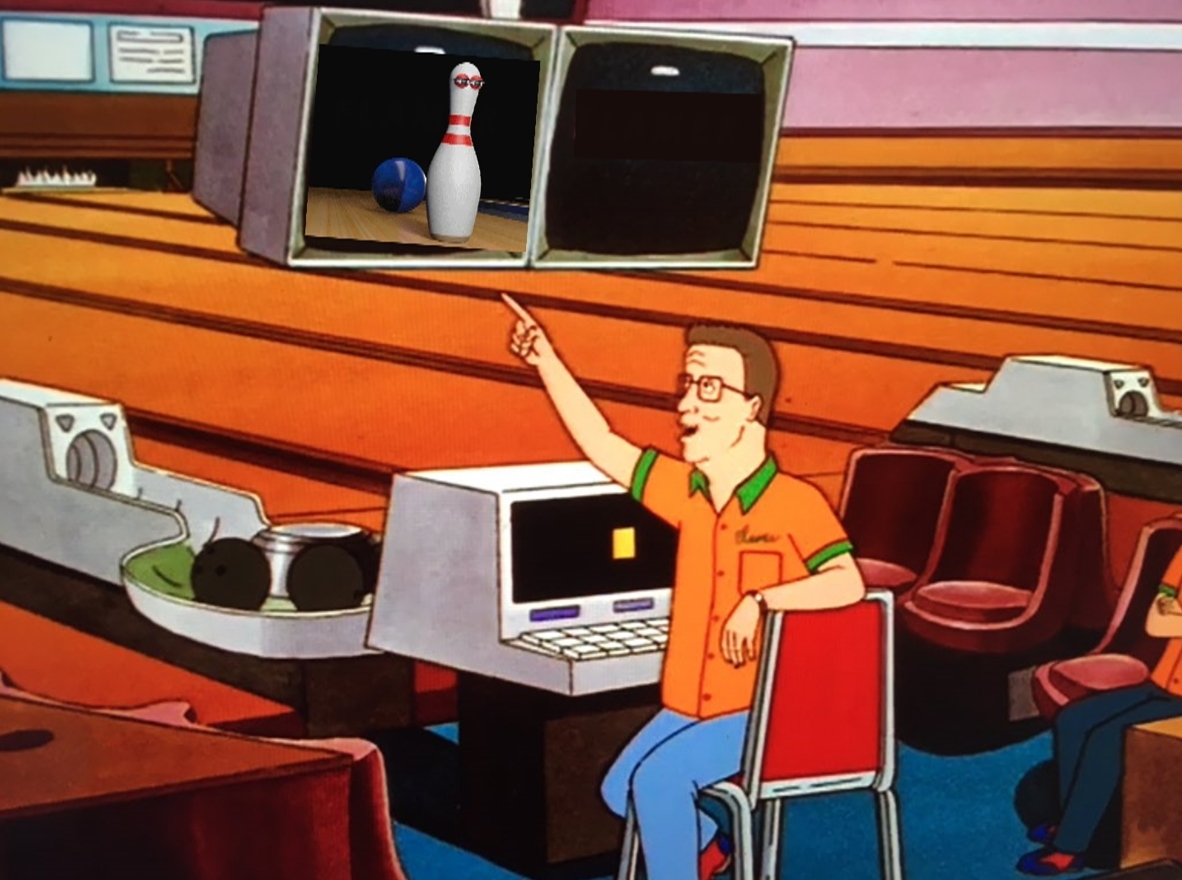 'Good bowling Peggy, ya even got one of those strike cartoons!'