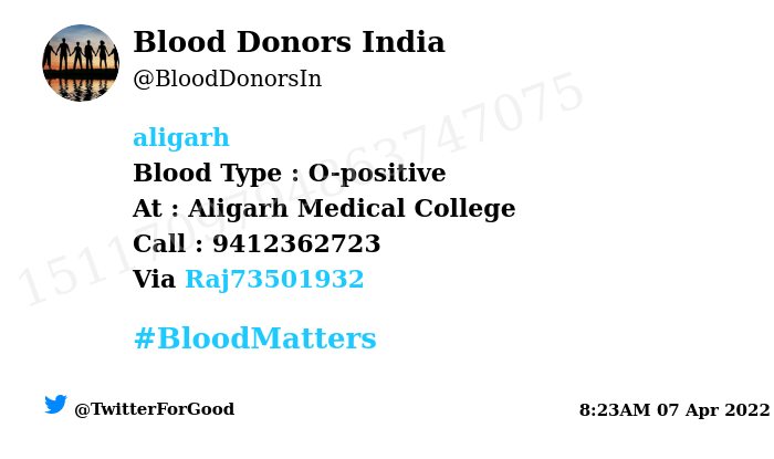 BloodDonorsIn's tweet photo. #SOS
#Aligarh
Need #Blood Type :  O-positive
Number of Units : 2
Primary Number : 9412362723
Patient : Monika Bhardwaj 
Via: @Raj73501932
#BloodMatters
Powered by Twitter https://t.co/0cp9NWmFLb
