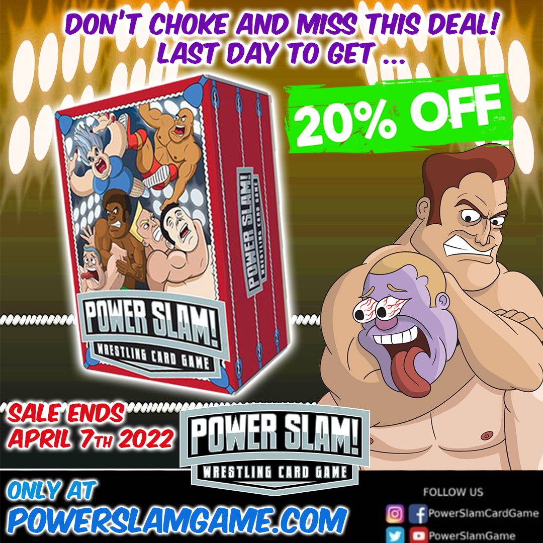 POWER SLAM SALE ENDS TODAY!
Get 20% off the game! Only from 
PowerSlamGame.com Buy now! Ships worldwide
#powerslam #WrestlingCommunity #wrestlingart #wrestling #wwe #WrestleMania  #wwe #aew #cardgames #tabletopgames #gaming #games #card #fun #fungame #sale #discount #njpw