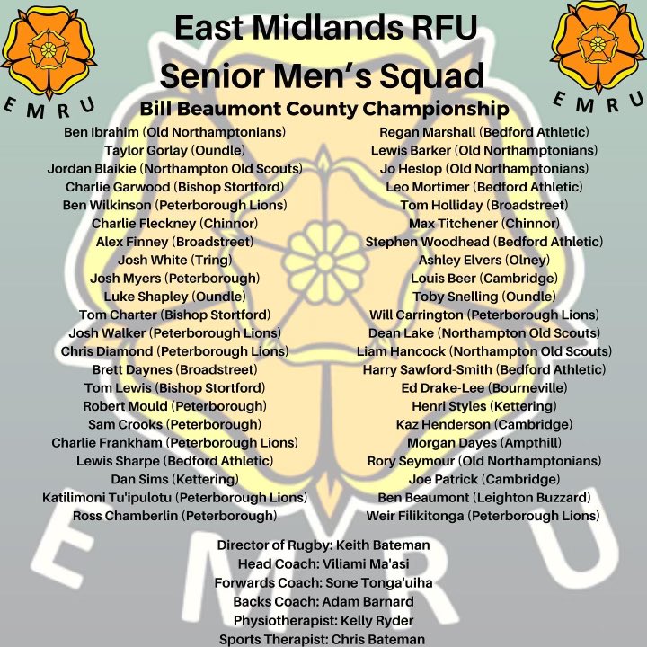 EastMidsRugby's tweet photo. ⁦ DoR @KeithBateman is delighted to announce the Men’s squad to contest this years @RFUComps Bill Beaumont County Championship fixtures against @WarwickshireRFU, @CumbriaRU , &amp; @Staffsrugby . Congratulations to you all https://t.co/QcZtOR8cxr