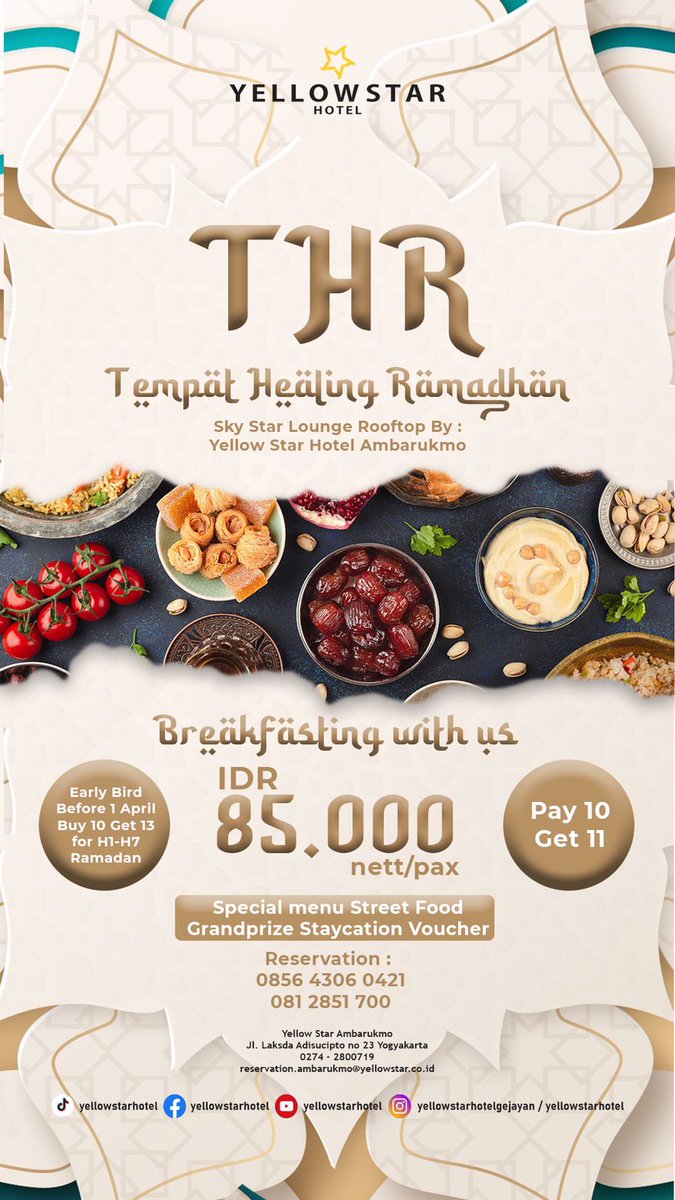 Buka Puasa di Rooftop sambil menikmati senja Kota Jogja! Di mana lagi kalau bukan di Yellow Star Hotel Ambarukmo. Yuk reservasi dapetin promonya 🥰

Informasi dan Reservasi :
link.yellowstar.co.id/Breakfasting-Y…

#Ramadhan #RamadanMubarak #RamadanKareem #Ramadan2022 #JOGJA #Yogyakarta