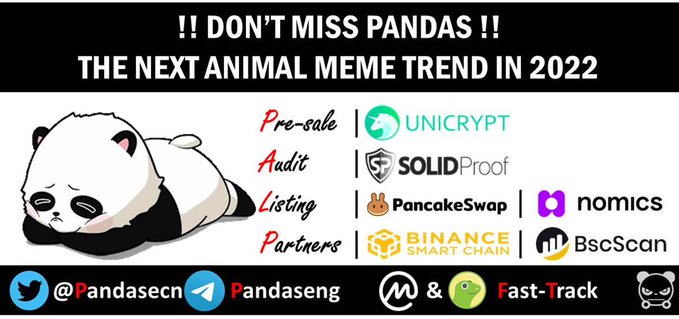 VIIKIING88's tweet photo. 🐼 PANDAS Token 🟢🔵🟣🔴🟡

🎋 Ready to Take Off! 🎋

‼️ The Next Animal Meme Trend Token In 2022

🟢 Ownership Renounced
🔵 Liquidity Locked 1 Year
🟣 0% Tax Token
🔴 CMC/CG Fast Listing
🟡 Many Features Coming

🎋🎋 Hardcap: 100 BNB
🎋🎋 Softcap : 25 BNB
🎋🎋 Max spend: 0.5 BNB https://t.co/cgm3qPscfg