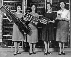 Women in Computing Wednesday:

The six ‘ENIAC Women’, Fran Bilas, Jean Bartik, Ruth Lichterman, Kay McNulty, Betty Snyder, and Marlyn Wescoff, programmed the first all-electronic, programmable computer, the ENIAC (Electronic Numerical Integrator and Computer).