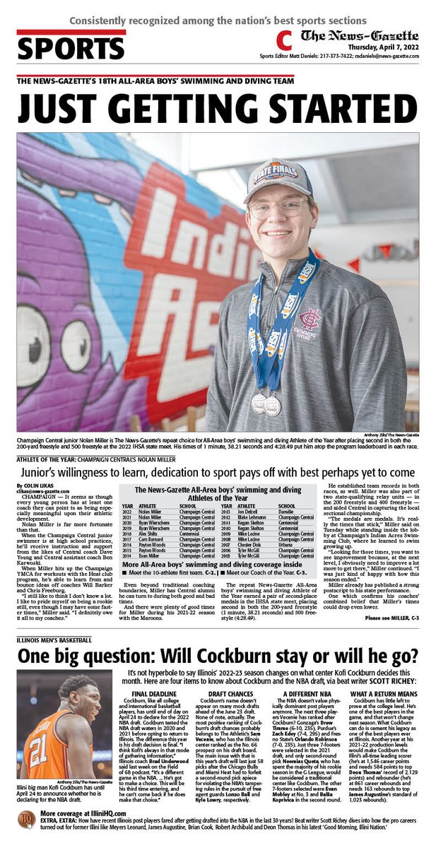 ngpreps's tweet photo. Thursday's N-G sports cover features @clikasNG on our 18th All-Area boys' swimming and diving team led by Athlete of the Year Nolan Miller of @MaroonsSwimDive, plus @srrichey on Kofi Cockburn. #NGMedia 

@APSE_sportmedia 
@ngphotostaff https://t.co/XoxHuAdAZV