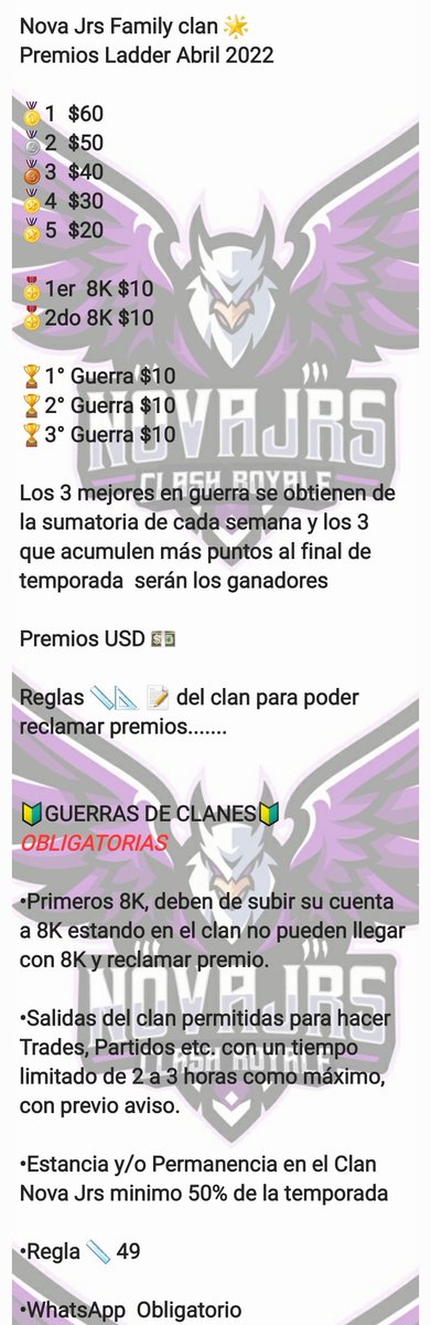 NOVA JRS pone sobre la mesa $250 dolares en premios para esta temporada de Abril 2022, manden su MD para info y leer bien las reglas ya que no hay flexibilidad en ellas, los esperamos y que ganen los mejores SUERTE 💪