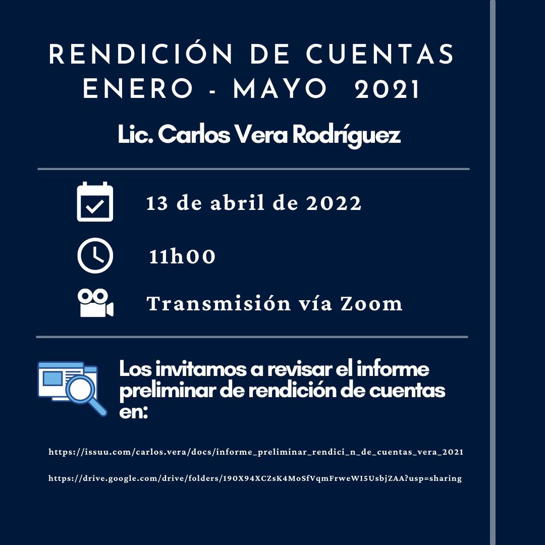 Amigos, los invito a participar del proceso de rendición de cuentas 2021.

Revisión de informes preliminares en:

✅drive.google.com/drive/folders/…
✅issuu.com/carlos.vera/do…

📌 Los espero el miércoles 13 de abril para socializar la gestión realizada durante el periodo enero - mayo 2021