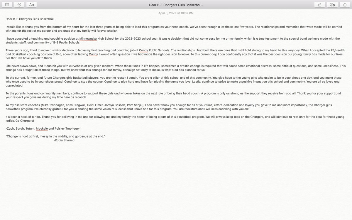 To say it's been a difficult week would be the understatement of the year. It has been a true blessing to have been a part of this school, specifically this Basketball program. I'm forever grateful for the opportunity, and wish nothing but the best for B-E Charger Basketball.