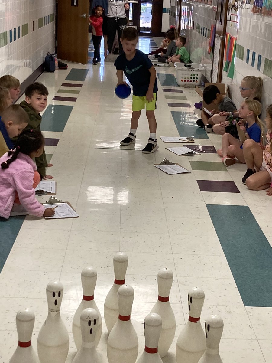 Learning about subtracting from 10 today. No strikes but we had one spare 😀 🎳