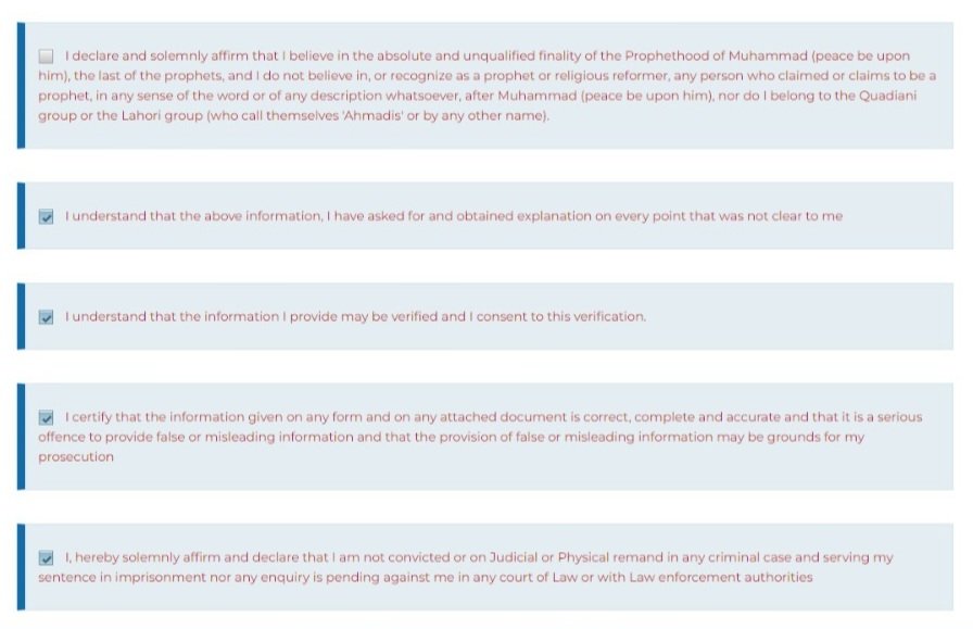 228b7ebea682452's tweet photo. So I'm trying to submit my application for the National ID card for overseas Pakistanis and I am being forced to declare that I am a non Ahmadi otherwise my application won't be processed. (Payment was required in advance)
Extremely disappointed 😔
#Pakistan https://t.co/Xp8IKJBkav