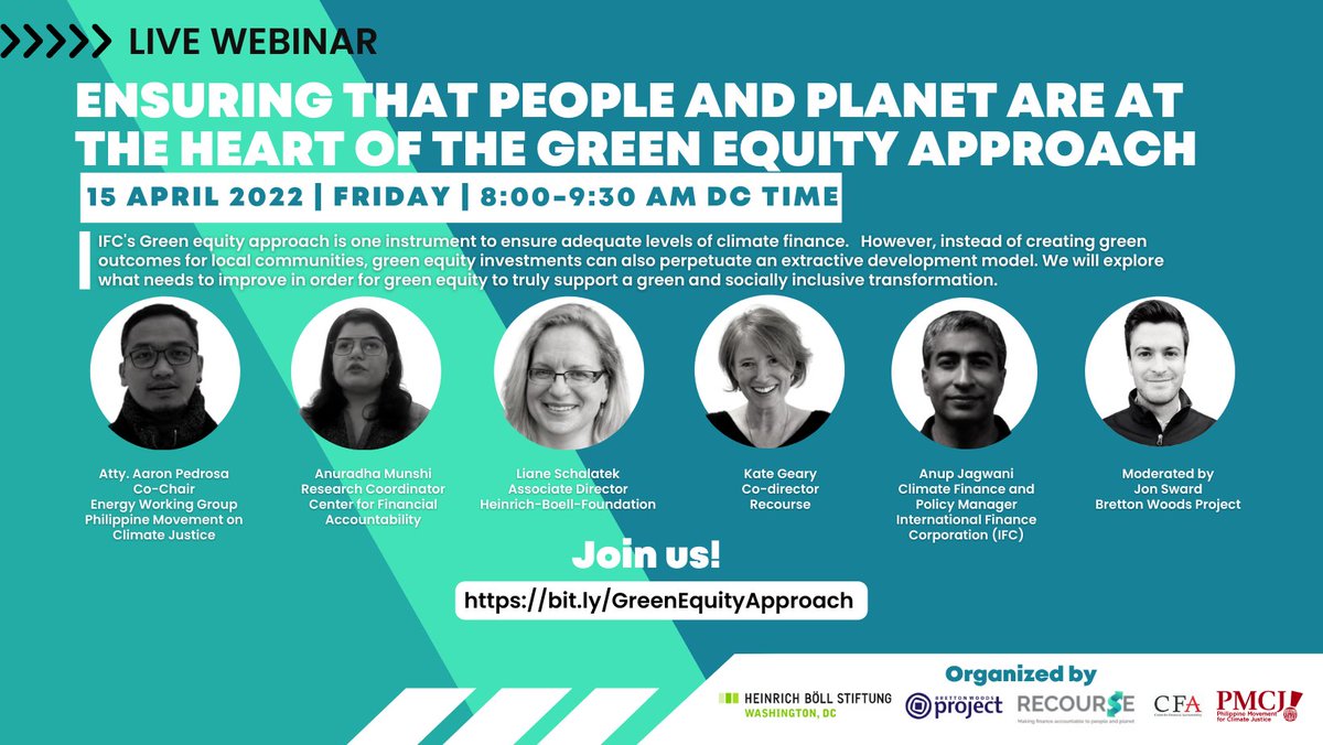 RecourseTeam's tweet photo. 📢Join Recourse and our partners for our #CSPF event on what it takes for @IFC_org 's #GreenEquity Approach to be 'truly green.'
#ParisAlignment 
#ClimateAction 

🗓️ April 15, 08:00-09:30 ET

Register here: https://t.co/mJ27W1ec81
Watch live here: https://t.co/HpBrsUaBAj https://t.co/DvFG41EJzA