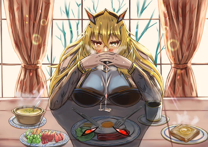 1年間描いたイラストFGO50枚デート&翌朝1日1枚アップ 24/50翌朝「バーゲスト」「さぁ朝食ですお口に合えばいいのですが…///」(あぁ今ウィンナーをお食べに…これでよりジューシーに…///ハァ!私はなんて事を…!)(でも、あぁ次はデザートを…これでよりフルーティーに…じゅるり…///」#FGO 