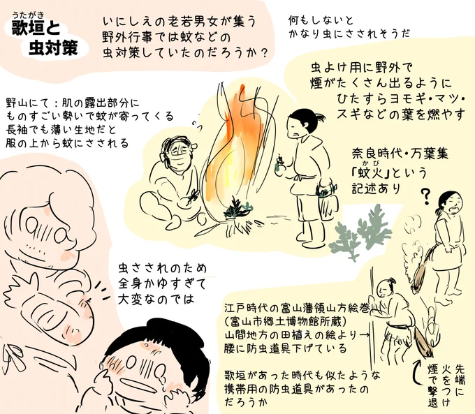 古代の行事・歌垣(うたがき)で地味に気になる虫対策。あたたかい季節山林に入ると蚊がすごい勢いで寄ってきてゾッとしたことが。ずっと外で過ごしたらたくさん蚊にさされて大変なことになりそうだ。特に対策はしなかったのかな。歌垣に参加したことがないのでわからない。謎だ… 