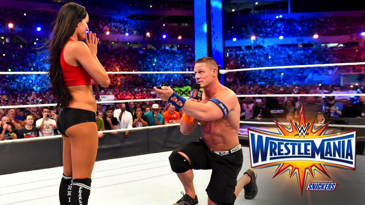 #WWE's John Cena pops the question to Nikki Bella #MixedTag at #WrestleMania https://t.co/H1oLhnQTyL https://t.co/vFVB9ntEy2