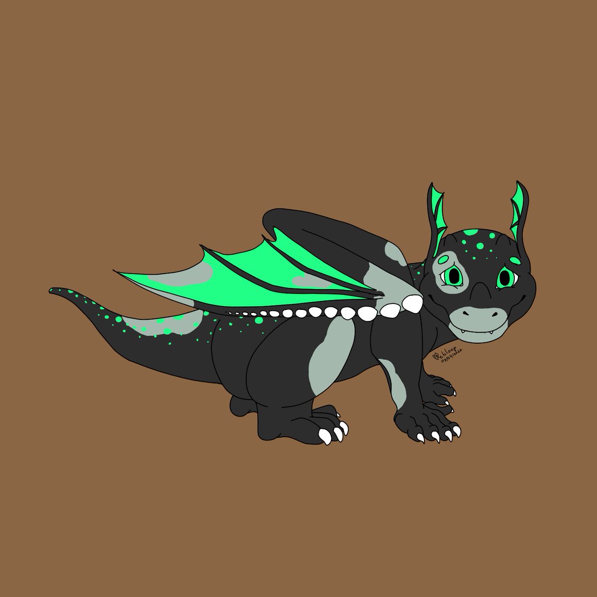 Pebloop's tweet photo. Here's come crepuscule new design, from an underground dragon specie.
He has a skin sickness that cover his skin with white patches.
The green on his body can be fluorescent to be seen by his peers underground. https://t.co/JsfTL57Rz7