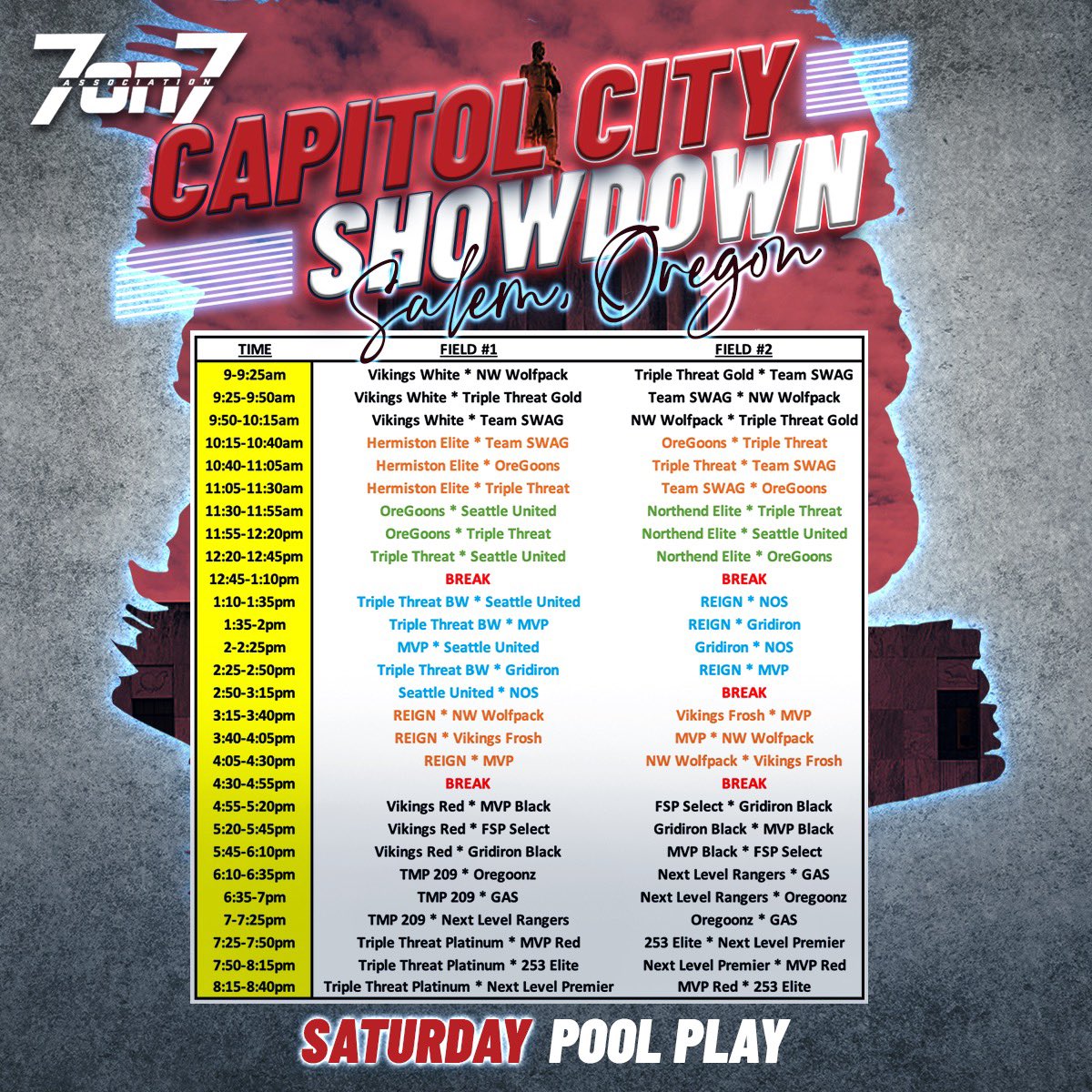 The7on7NW's tweet photo. Here it is!!! The Capitol City Showdown Pool Play Schedule!!! This will also be posted on Zorts!
-
Salem, OR πitβs that time!!! This weekend itβs going down!!!
-
#CapitolCityShowdown #AssociationVSEverybody #ItsDifferent https://t.co/J7hac5rL8e