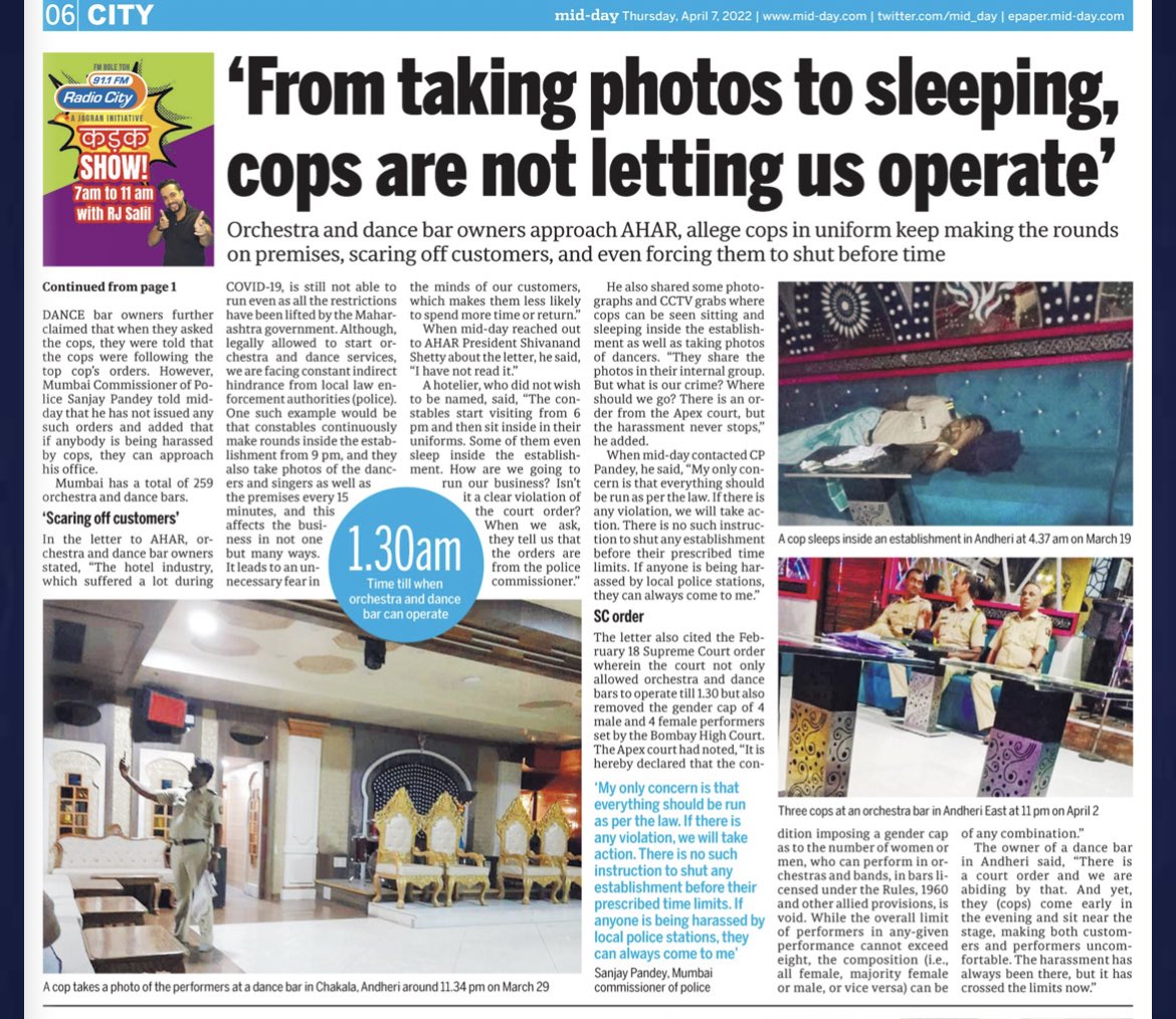 journofaizan's tweet image. THE tussle between the @MumbaiPolice and orchestra, #dancebar owners seems to have reached new heights with several owners approaching Indian Hotel and Restaurant Association (AHAR) complaining of harassment by cops. @mid_day