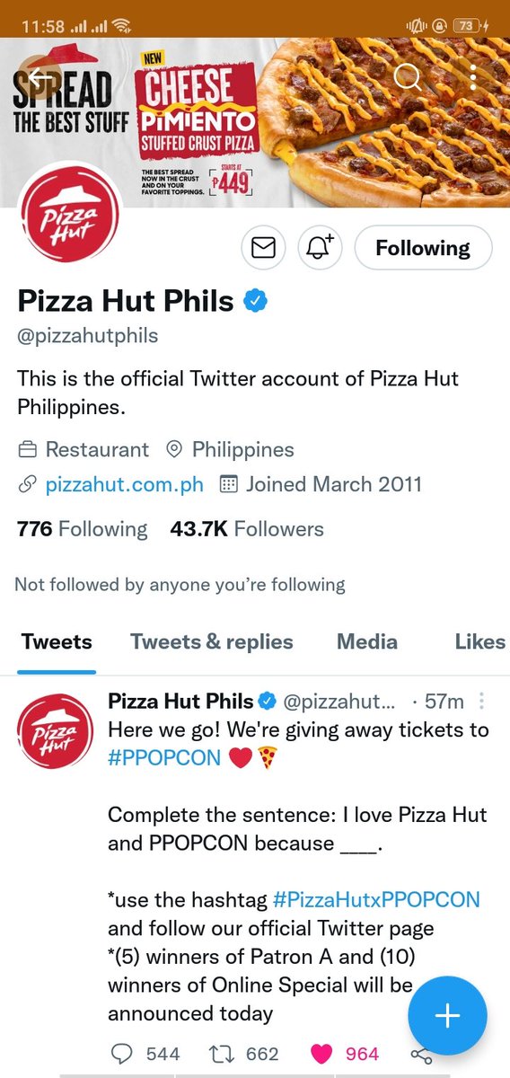 Bandistabrad's tweet photo. @pizzahutphils I love Pizza Hut and PPOPCON because they are one of my source of happiness :)

#PizzaHutxPPOPCON https://t.co/w3l88eRD8y