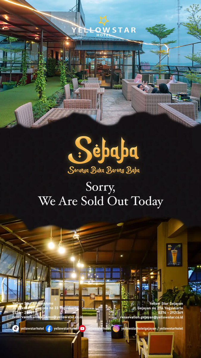 Hello.. Yellowvers.. 🥳
Buka Bersama di Yellow Star Hotel Gejayan untuk hari ini sudah SOLD OUT ya, ayo buruan reservasi sebelum SOLD OUT guys.. 

Untuk reservasi atau lihat menu bisa klik link dibawah ini ya :
link.yellowstar.co.id/Breakfasting-Y…