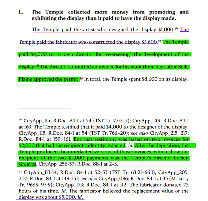 L. The Temple collected more money from promoting and
exhibiting the display than it paid to have the display made.
The Temple paid the artist who designed the display $1,000.
56 The Temple paid the fabricator who constructed the display $3,600.
57 The Temple paid $4000 to its own director for “overseeing” the development of the display.58 The director submitted an invoice for his work three days after Belle Plaine approved the permit.59 In total, the Temple spent $8,600 on its display

The Temple testified that it paid $4,000 to the designer of the display. But that testimony was based on two invoices for $2,000 that had the recipient’s identity redacted. Id. After the deposition, the
Temple produced the unredacted versions of those invoices, which show the recipient of the two $2,000 payments was the Temple’s director Lucien Greaves.

The fabricator donated  75 hours of his time. Id. The fabricator believed the replacement value of the
display was about $5,000