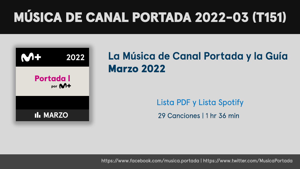MusicaPortada's tweet photo. MÚSICA EN CANAL PORTADA Y LA GUÍA - MARZO 2022 (T151)
¿Quieres saber qué música está sonando este mes en Canal Portada y la Guía?
Consúltala:
⏯ https://t.co/MQYllROKQN (Spotify)
📄 https://t.co/qvlTHYPtyM (PDF)
#MusicaPortada #MusicaDeLaGuia #MovistarPlus 
@movistarsound https://t.co/lfEXBhwATK