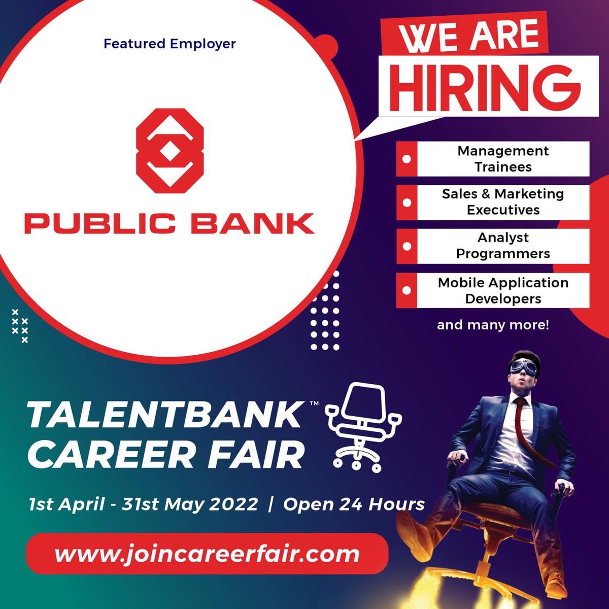 Begin your new career journey with Public Bank! Head over to our virtual booth at Talentbank Digital Career Fair 5.0 from 1 April 2022 to 31 May 2022 to discover more exciting opportunities! See you there! #PublicBankCareers #jobsviral #Hiring @Kerjacarirezeki @MYFJOfficial