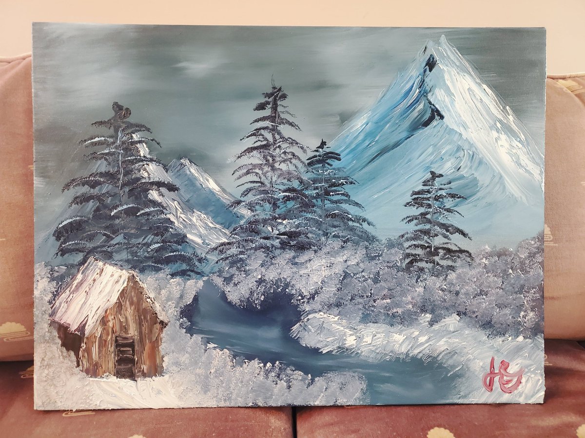 TheDeadMetaphor's tweet photo. Haven't painted probably since kindergarten, but I think my Bob Ross painting came out alright
#painting #bobross #oilpainting https://t.co/kVXDb8P6gm
