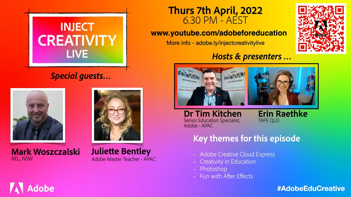 timkitchen's tweet photo. Just under 4 hrs to go to join us for the live recording of ICL episodes 60 &amp; 61 at 6.30 PM AEST via this channel or the Adobe for Edu YT channel - https://t.co/rkqyx0ClMF 
#createedu #aussieED #edchat #eLearning #adobeedu  #AdobeEduCreative #edtech #edtechchat #vicpln https://t.co/hlsd2An2iC