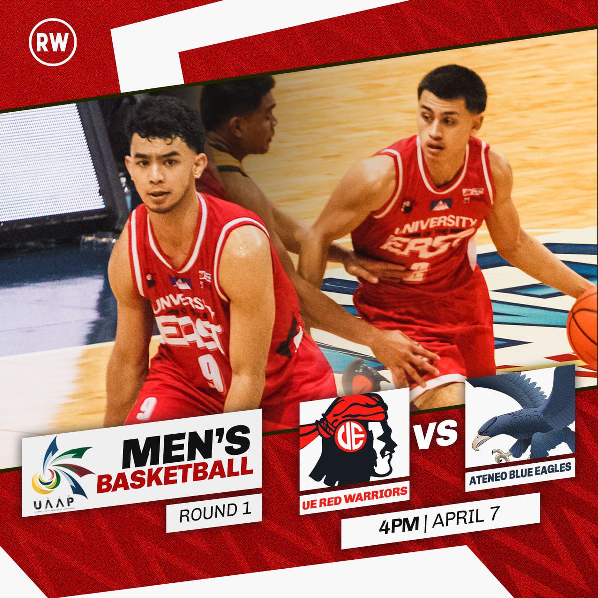 RWconnects's tweet photo. STILL ON HUNT FOR THEIR FIRST WIN

The UE Red Warriors will face the Ateneo Blue Eagles today, April 7, at 4 pm at the Mall of Asia Arena in Pasay.

Let us continue to support our Warrior athletes in the UAAP Season 84 Men's Basketball Tournament. Go Fight, Red and White! https://t.co/uYWpZllDJX