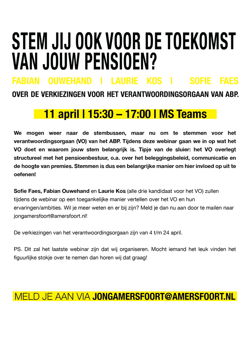 Welke invloed kan je uitoefenen via het #verantwoordingsorgaan van je #pensioenfonds?
Fabian Ouwehand, Sofie Faes en Laurie Kos vertellen je erover op 11/4 tijdens deze webinar in het licht van de verkiezingen @ABPpensioen ⬇️ 
Meld je aan via: jongamersfoort@amersfoort.nl Welkom!