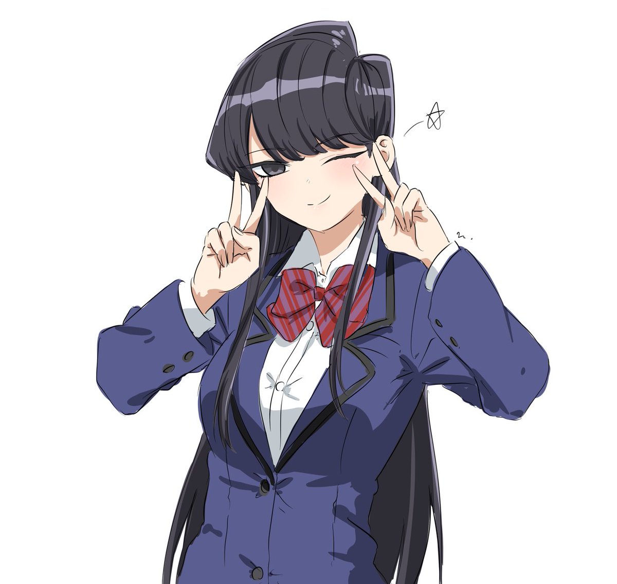 komi shouko 1girl one eye closed solo double v v long hair black hair  illustration images