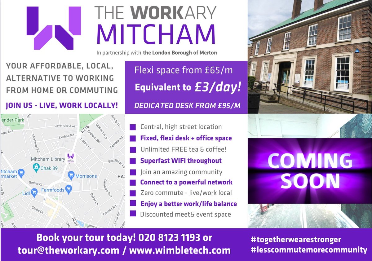 MertonLibraries's tweet photo. Opening soon - The Workary, Mitcham! A brand new, affordable work space for those living locally in Mitcham/Merton - your new alternative to working from home and/or commuting.

For more information https://t.co/kvm8As2PS5

#workary #wimbletechcic @WimbletechCIC https://t.co/bZ5BomO0t0