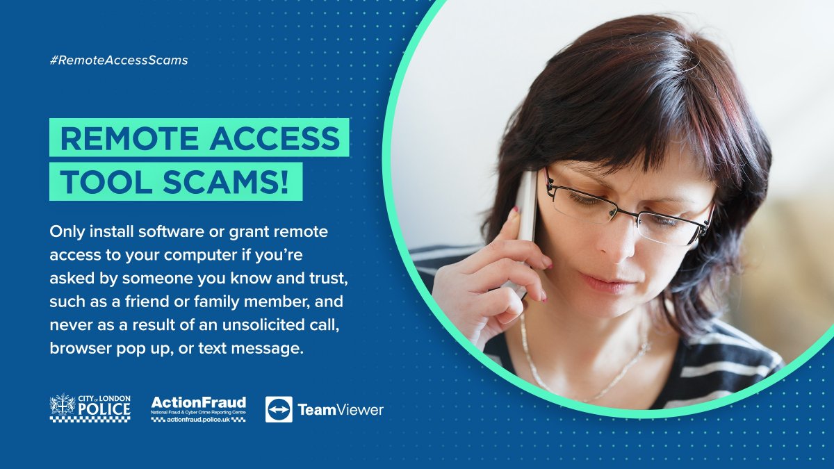 🚨Watch out for scams involving remote access to your computer. Over £57M was lost to them last year.

✅ Never allow remote access to your computer following an unsolicited call, text message or browser pop-up. 

#RemoteAccessScams
