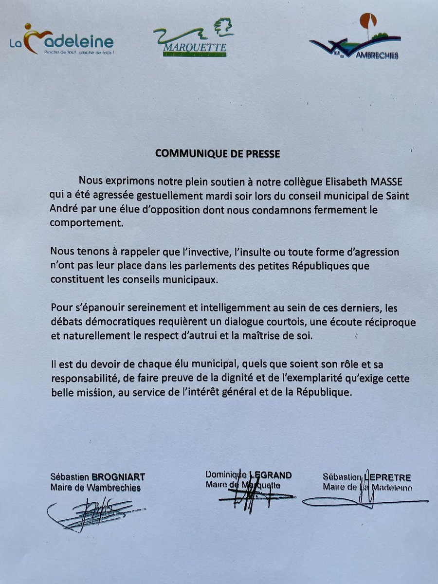 lepretre_seb's tweet photo. Parce qu’en démocratie, on a le droit de ne pas être d accord, mais on a le devoir de se respecter, j ai co-signé le communiqué ci-joint avec mes collègues maires de Marquette et de Wambrechies.
@dlegrand_MLL 
@BrogniartS59118 https://t.co/lHND1kkE9Q
