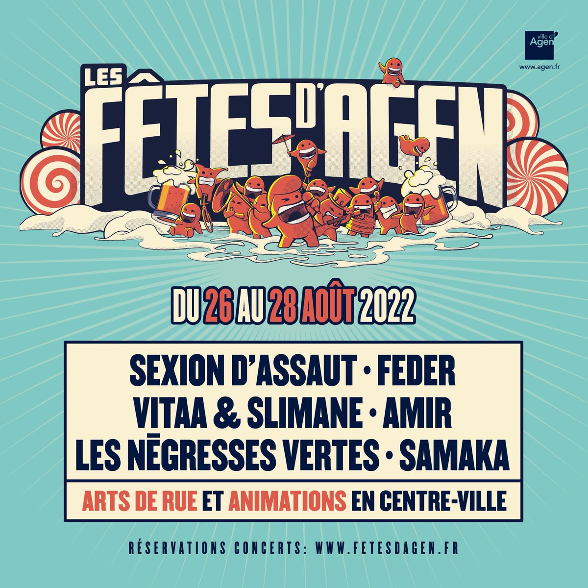 villeagen's tweet photo. Ravis de vous annoncer les artistes programmés sur la grande scène des #FETESDAGEN ! @sexiondassaut , @VITAA et @Slimaneoff, @FEDER, @Amir_Off, @LesNegressesVertes et @Samaka  
Réservez vos places👉offre limitée pour les 100 premiers PASS 2J
Billetterie➡ https://t.co/UgTbuZFFW1 https://t.co/fcusWAEwtB