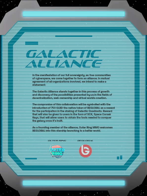 OuterRingMMO's tweet image. The Galactic Alliance keeps growing stronger 🦾

Welcome onboard @Beglobaldefi! Let&apos;s conquer the galaxy together 🚀

Stake GQ and receive GLBD+SCK ▶ dapp.outerringmmo.com