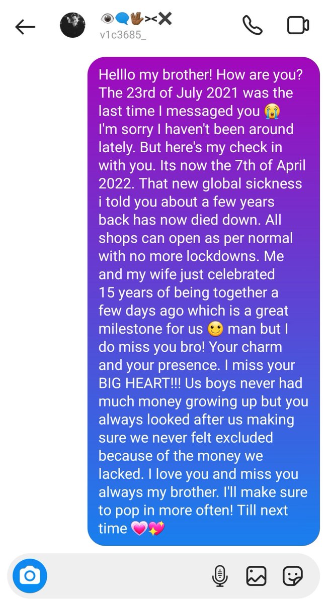 MToffeepop's tweet photo. Today I was encouraged to send a message to someone I love who I haven't heard from in 6 months. This message is to my friend who passed away in 2018. I send messages to his instagram once or twice a year, in high hopes he would reply 😭 thanks @Bitcoin4Freedom 4 the initiative https://t.co/ihazKQ8jnh