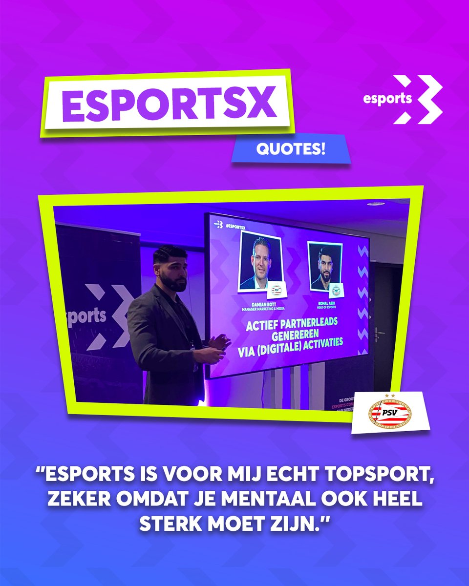 🗣️ Head of <a href="/PSVEsports/">PSV Esports</a> <a href="/Romalabdi89/">Romal Abdi</a> laat in zijn sessie met <a href="/damianbott/">Damian Bott</a> (manager marketing &amp; media bij <a href="/PSV/">PSV</a>) weten dat hij esports écht ziet als topsport, omdat je mentaal enorm sterk moet zijn.

#EsportsX #psvesports #psv