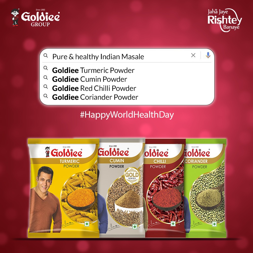GoldieeGroup's tweet photo. Keep your health in check with the tasty and healthy Goldiee Masale.
We wish you all a very happy #WorldHealthDay! 💪
Stay Healthy, Stay Happy.
Order now.
https://t.co/OJgfD6IXR2
.
.
#GoldieeMasale #GoldieeGroup #GoldieeSpices #worldhealthday2022 #health #healthyfood #healthyou https://t.co/e4Jtpx8P9w